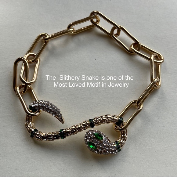 Snake Clasp paper Clip Chain Bracelet Green Eyes Rhinestone Snake. - Picture 1 of 8